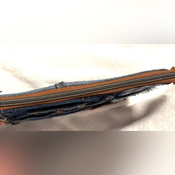 Bohemian Unique One-of-a-Kind Denim Patchwork Clutch with removable Wrist Handle - Picture 14 of 16